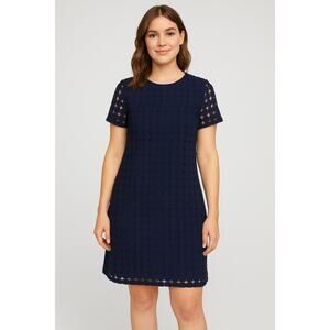 DIP Navy Blue Circle Lace Shift Dress Womens Size 14 Short Sleeve Lined